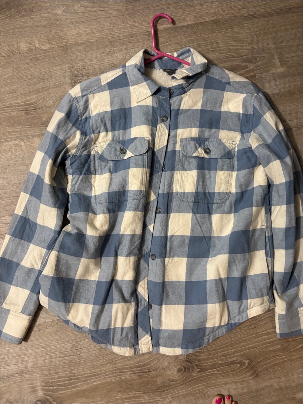 Eddie Bauer Blue and Cream Plaid Shirt Jacket - Sherpa Lined Layer
